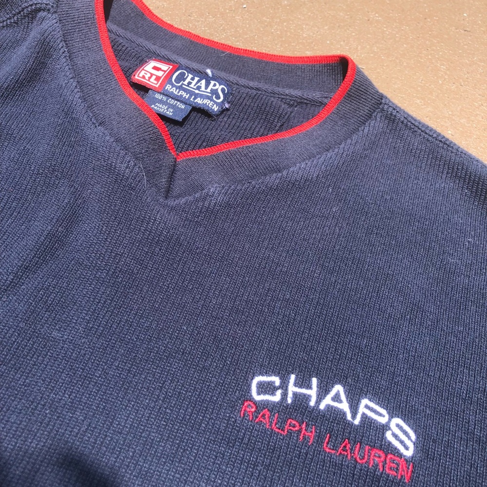 Vintage Chaps Ralph Lauren V neck T-shirt. Patched